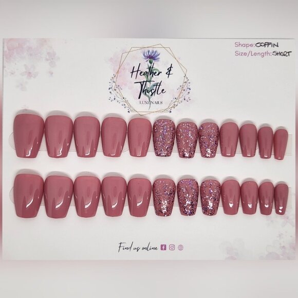 Heather & Thistle Luxe Press-On Nails - Nude Sparkle - Short Coffin - Picture 1 of 2